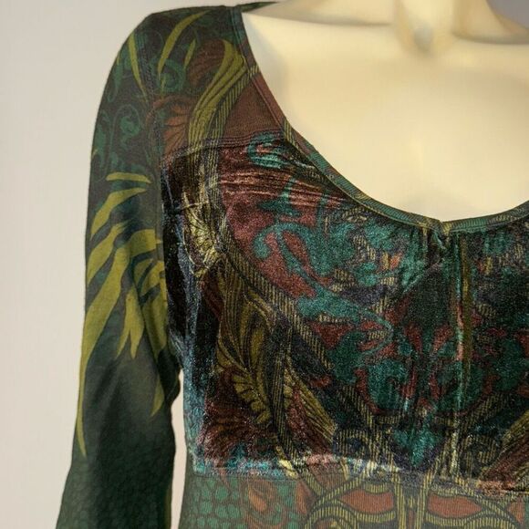 Vintage Y2K Whimsigoth Green Long Sleeve Tunic Top Stretch Burn Out Velvet Size - Picture 4 of 14